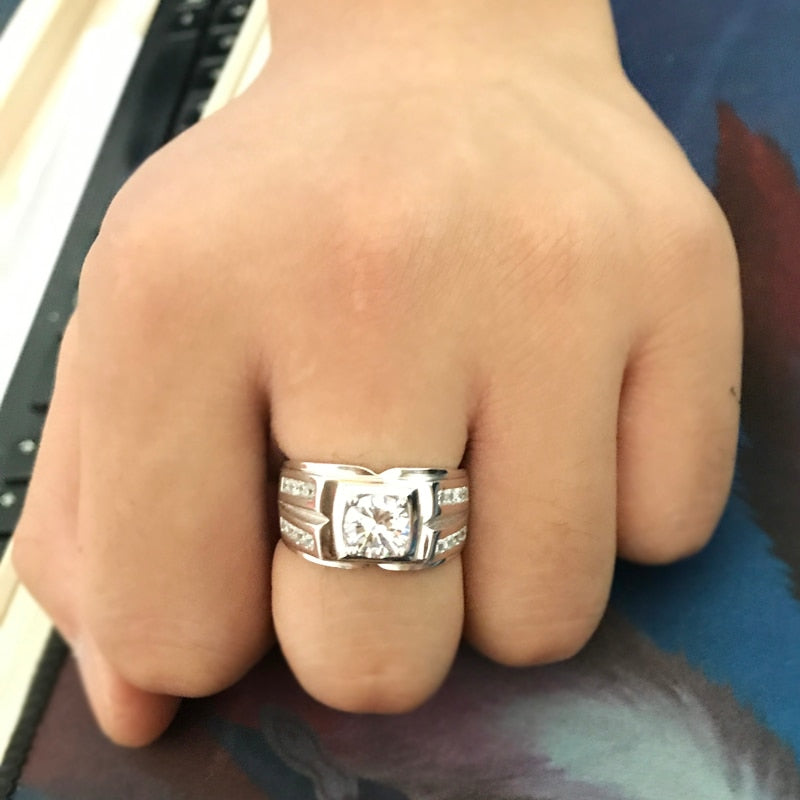 Men's Original Solid 925 Silver Engagement Ring with Cubic Zirconia