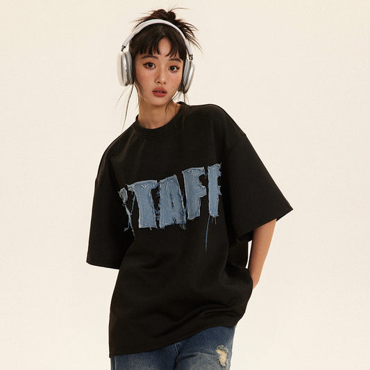 Alphabet Denim Patch Short Sleeve T-Shirt for Men