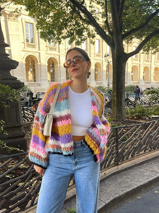 Playful Autumn Striped Crochet Cardigan for Women