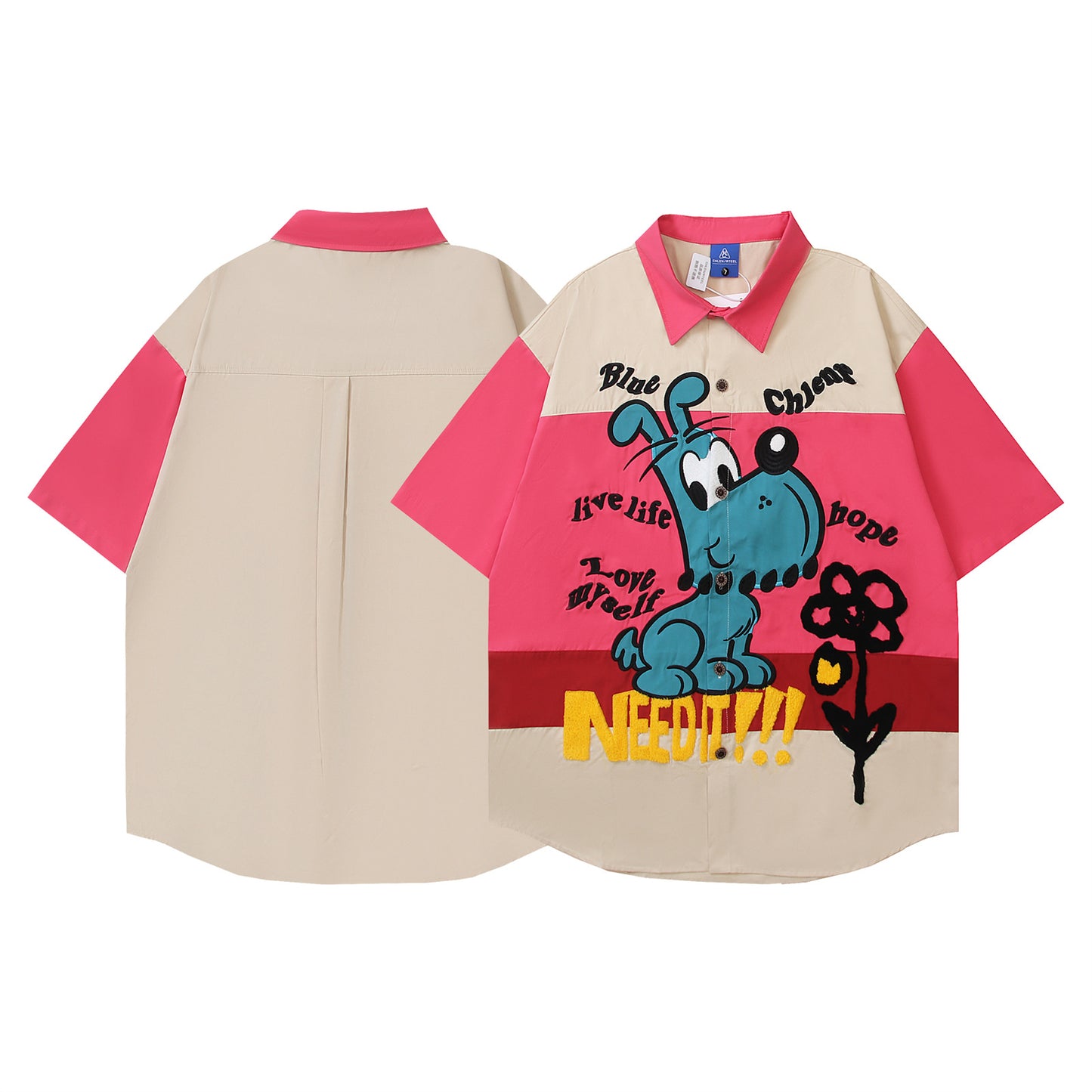 Retro Cartoon Embroidery Color Block Short Sleeve Shirt