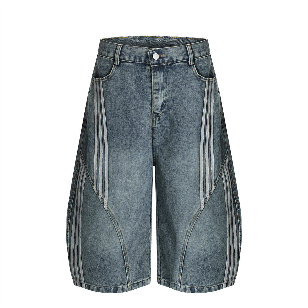 Three-Stripe Curved Knife Denim Shorts - Harajuku Style