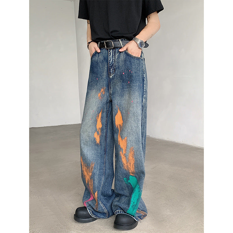 Painted Denim Wide Leg Pants for Men