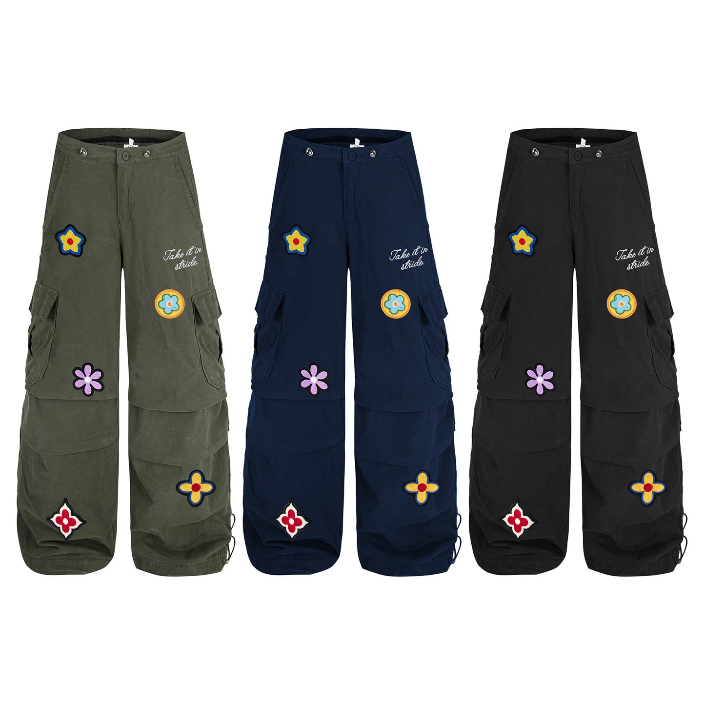 Harajuku Style Embroidered Work Pants with Drawstring