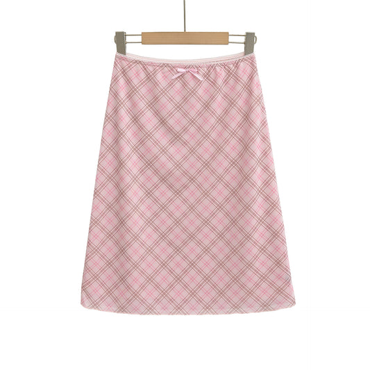 Bow Plaid Hip Hugging Skirt for Women with Elastic Waist - Half Skirt