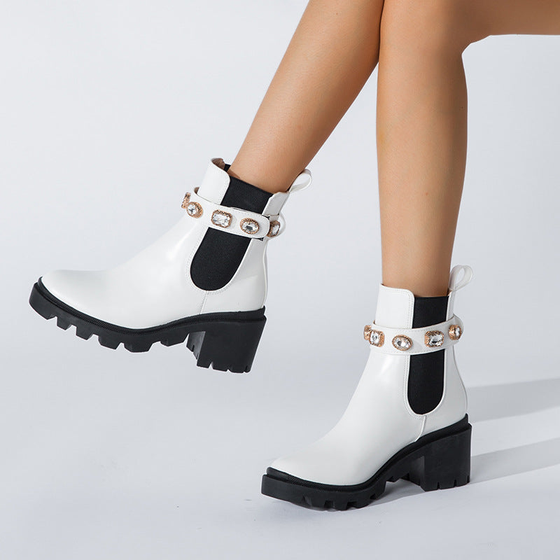 Rhinestone Round Head Mid-Thigh Elastic Boots for Women