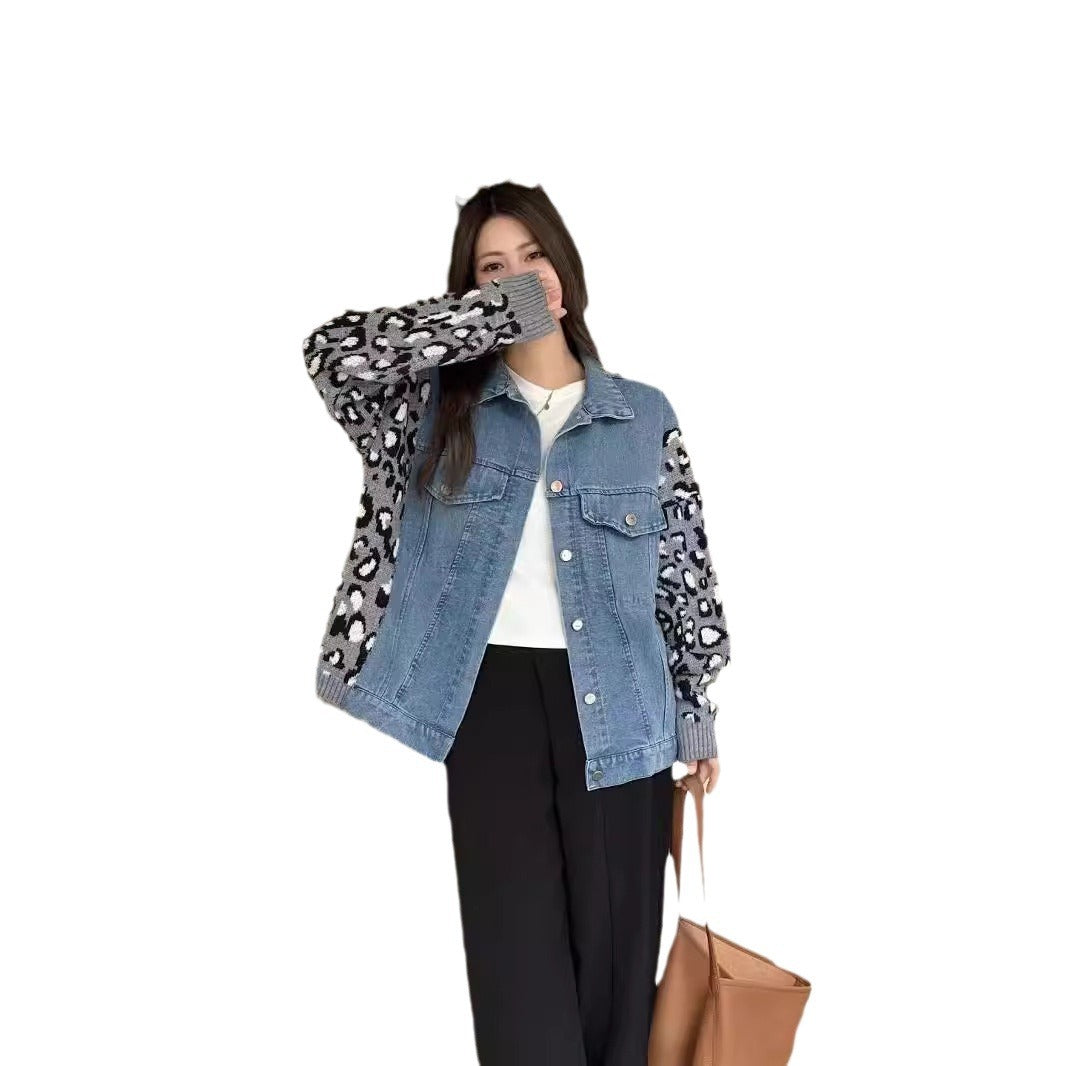 Retro Leopard Print Denim Patchwork Sweater Coat