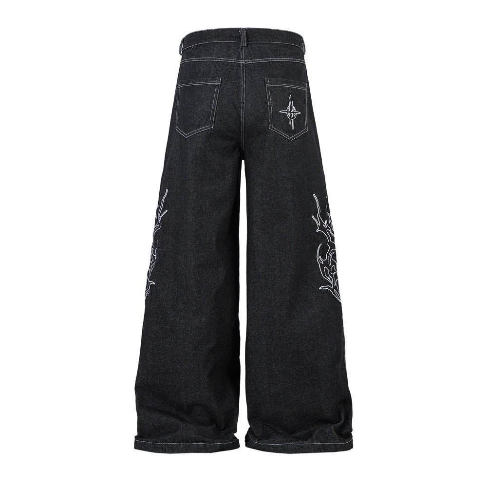 Harajuku Style Thorns Embroidery Wide Leg Denim Trousers