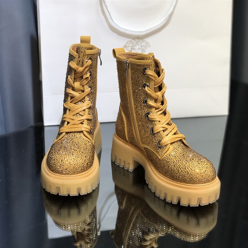 Gold Harajuku Style Rhinestone Boots - Thick Bottom Design