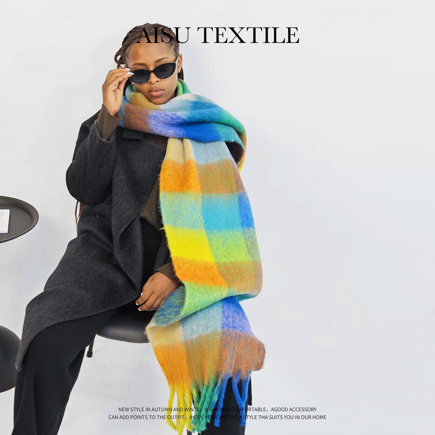 Colorful Plaid Mohair Scarf - Women's Winter Warmth