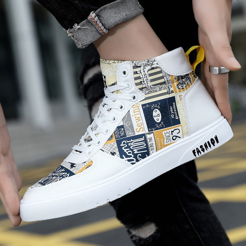 Trendy Harajuku Style Men's High Top Shoes - Graffiti Design