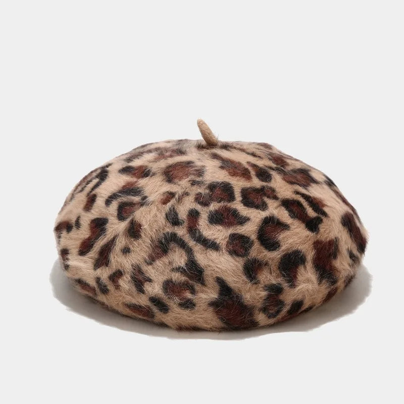 Leopard Print Rabbit Fur Beret - Playful Harajuku Hat