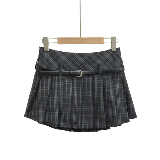 High Waist Slimming Small Plaid Belt Pleated Short Skirt