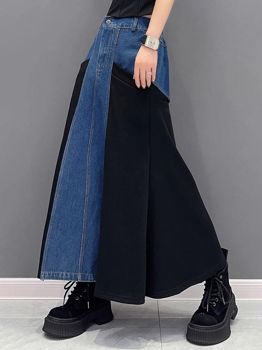Harajuku Style Color-block Long A-line Denim Skirt