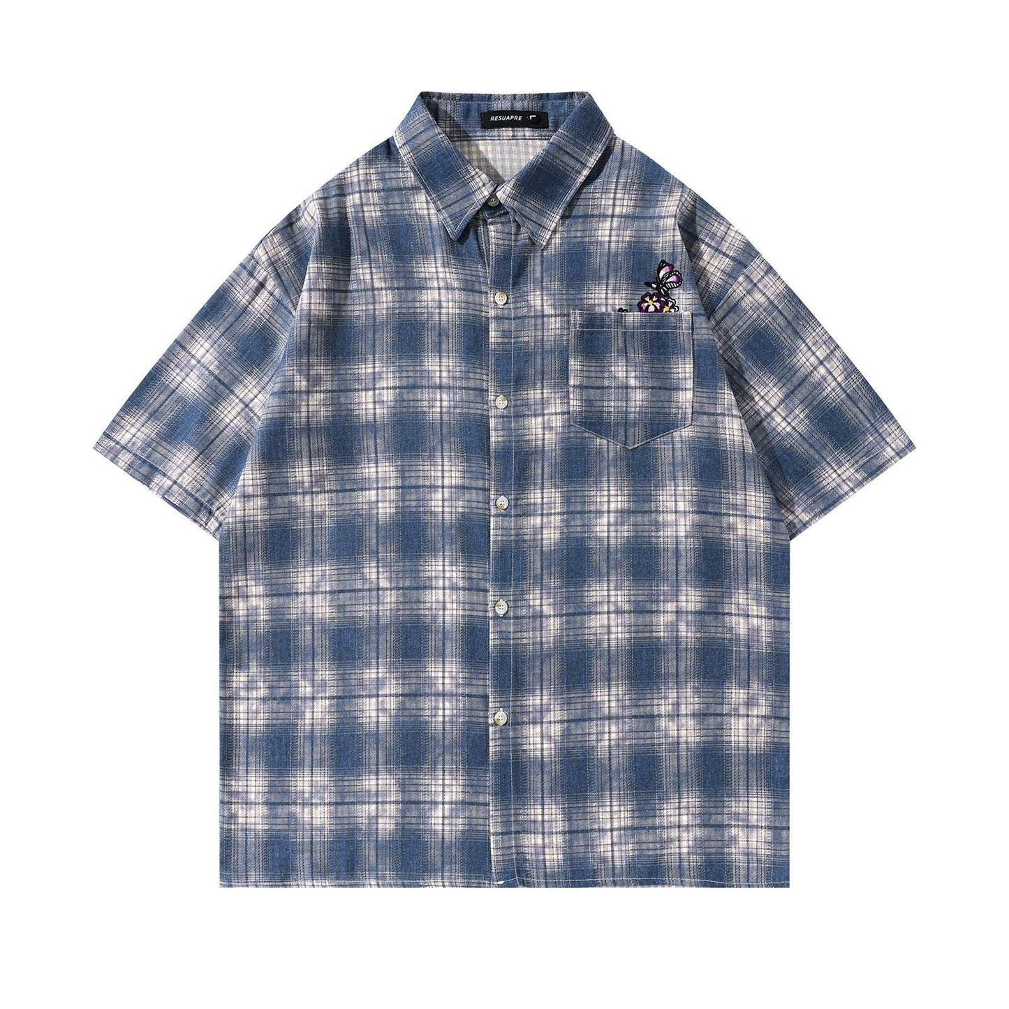 Retro Butterfly Embroidery Casual Plaid Shirt