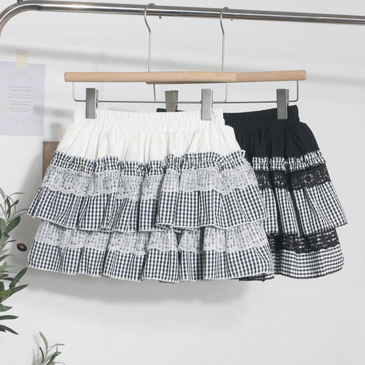 Lace Patchwork Plaid Skirt for Women