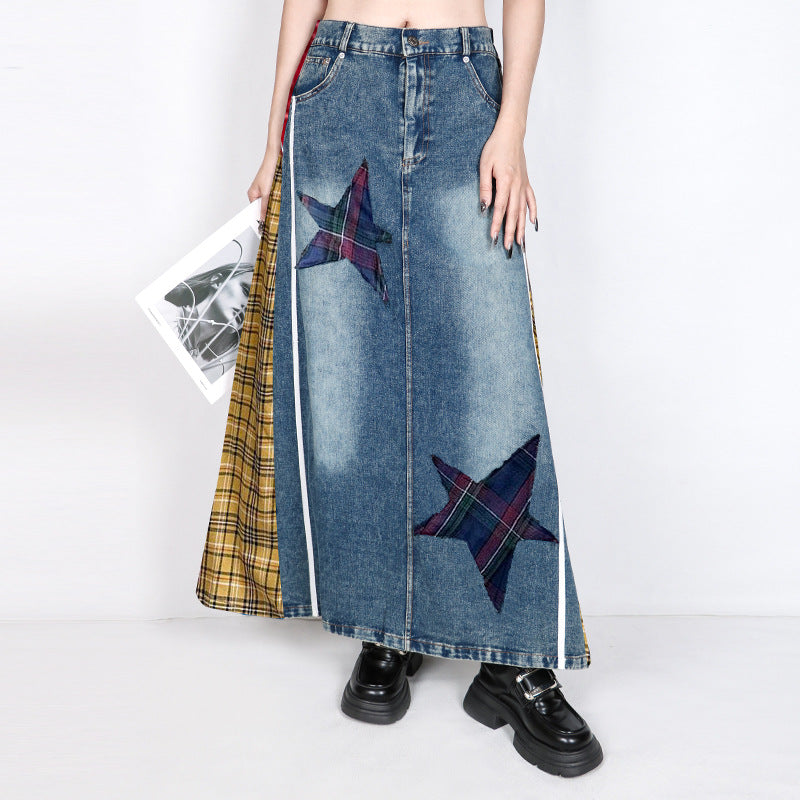 Retro Plaid High Waisted Denim Skirt - Harajuku Style