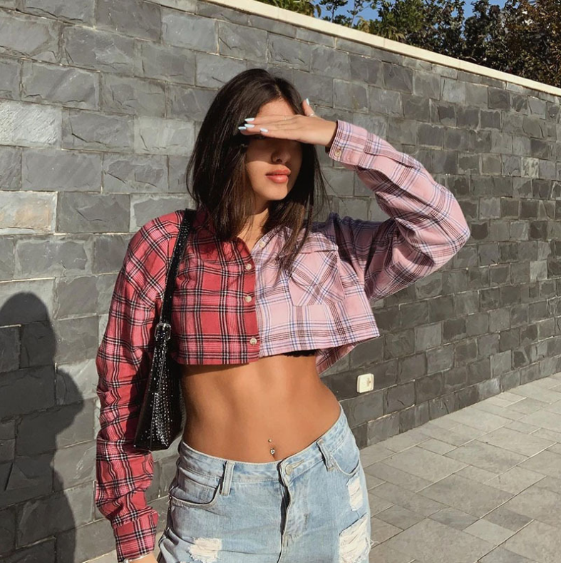 Harajuku Style Plaid Contrast Long-Sleeve Top
