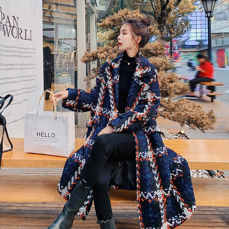 Mid-Length Plaid Woolen Overcoat for Women
