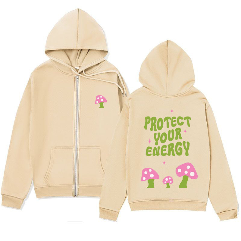 "Protect Your Energy" Letter Mushroom Print Zipper Hoodie