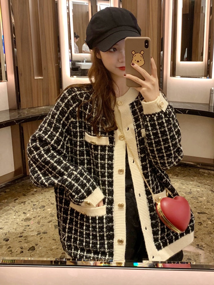 Harajuku Style Retro Plaid Cardigan Sweater Coat