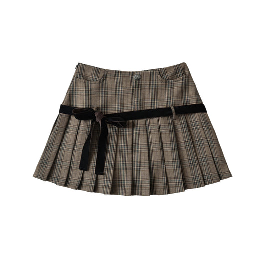 Plaid Bow Tie Pleated Skirt