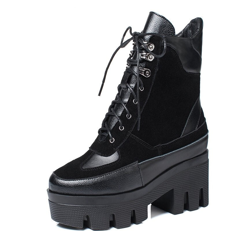 Chunky Platform Cow Leather Ankle Boots for Women