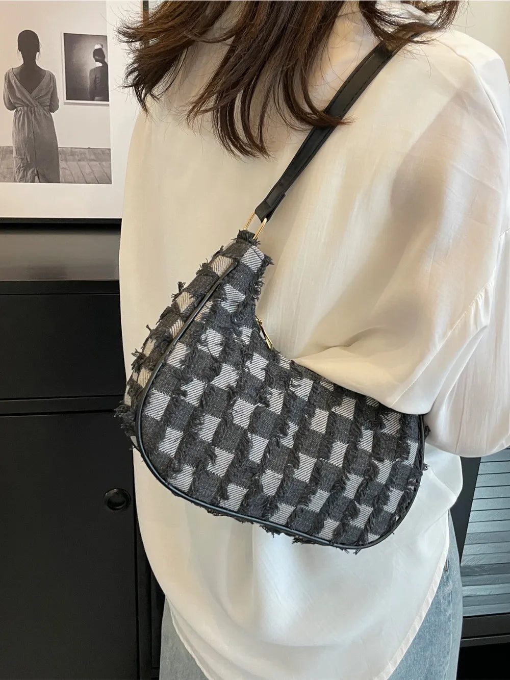 Checkered Raw Hem Denim Shoulder Bag