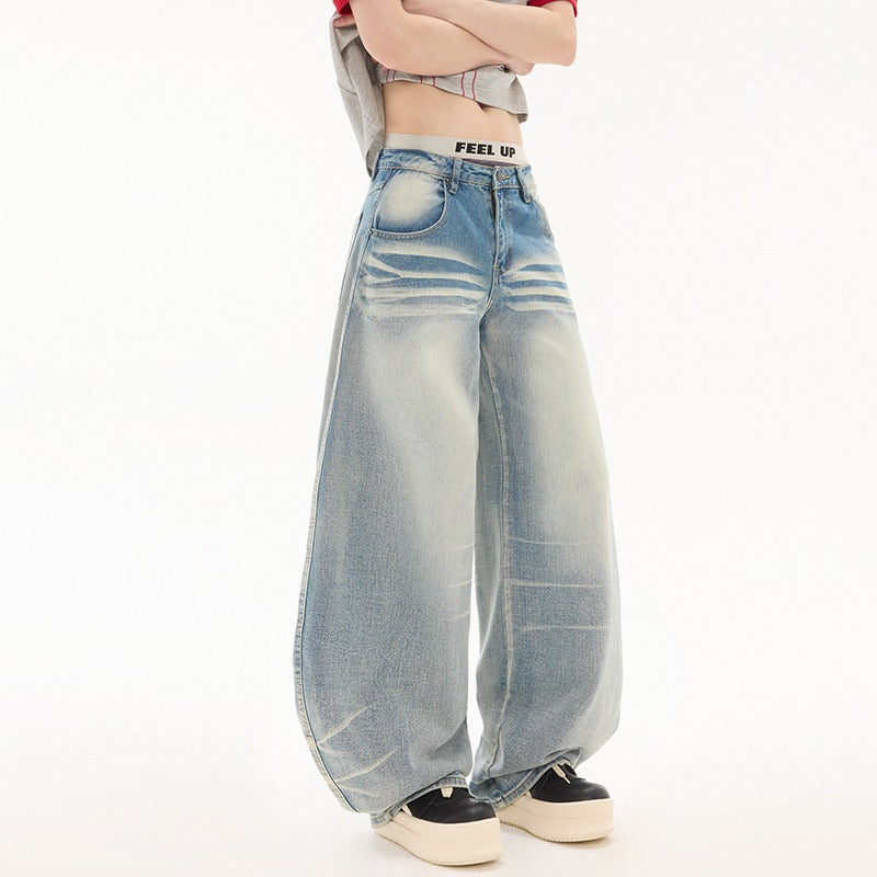 Light Blue Curved Knife Denim Wide Leg Pants