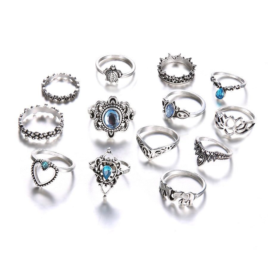 Vintage Diamond Carved Crown Starry Sky Ring Set