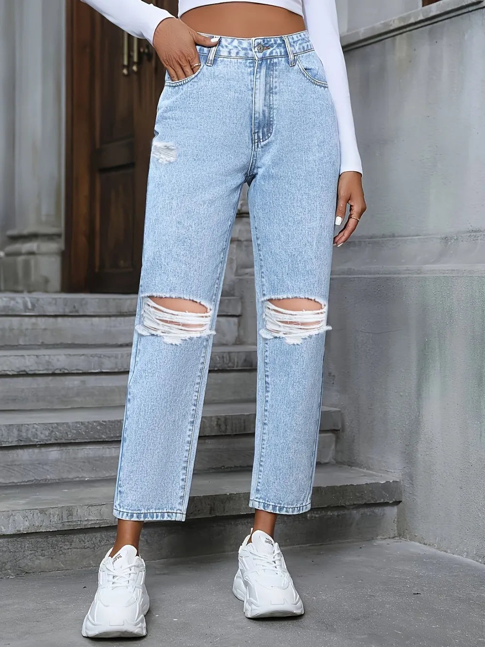 Harajuku Distressed High Rise Jeans with Pockets