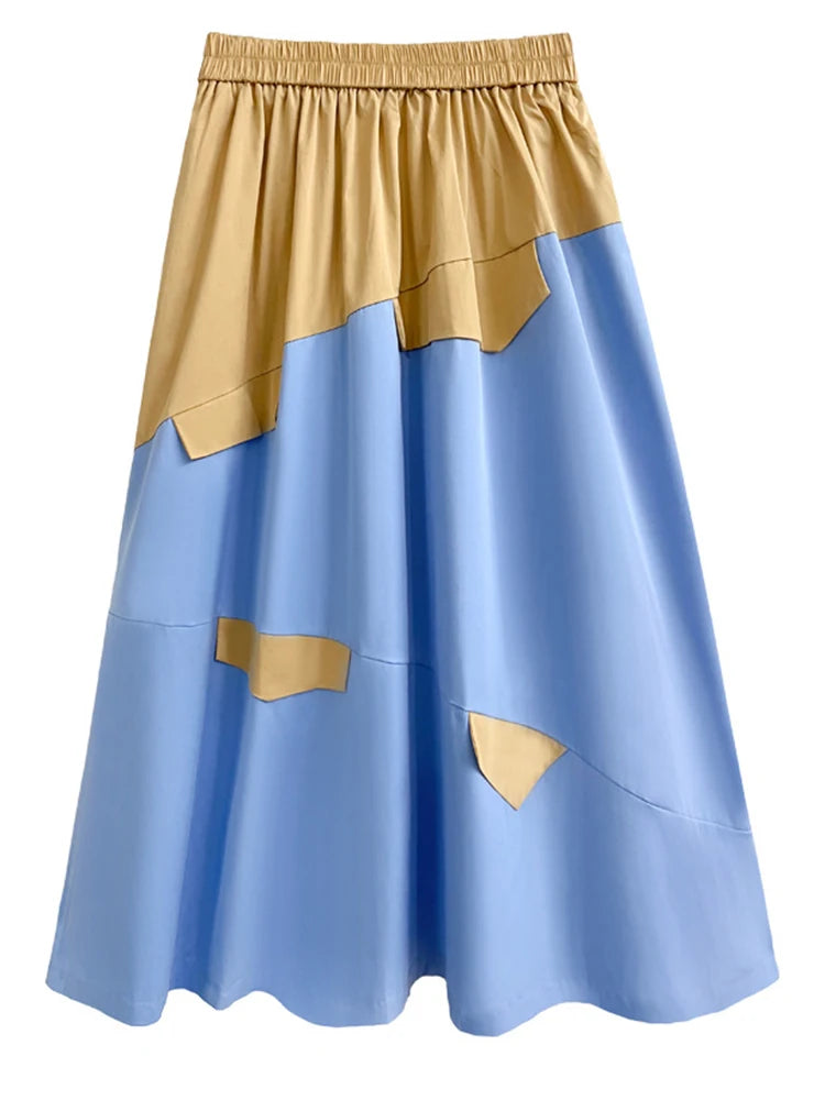 High Elastic Waist Khaki Color-block A-line Skirt for Women