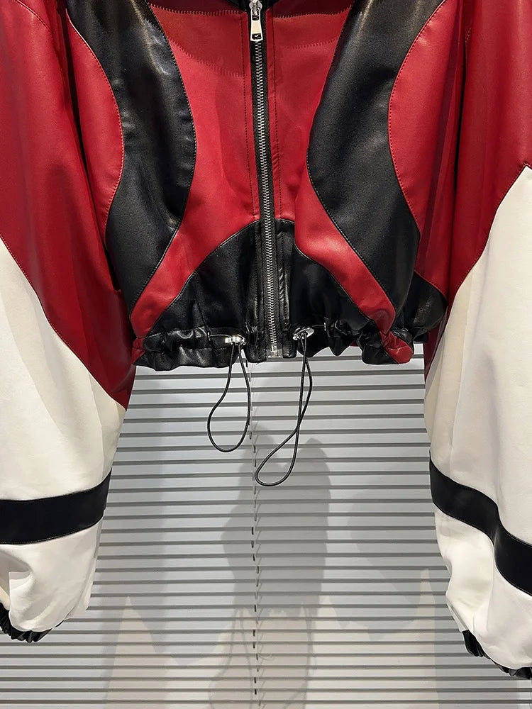 Women's Contrast Color Patchwork Motorcycle Leather Jacket