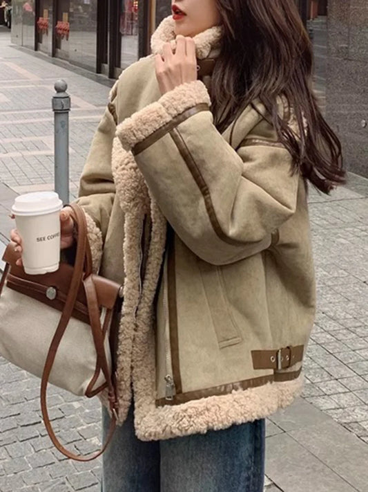 Harajuku-Inspired Green Fur and Lamb Wool Jacket for Women