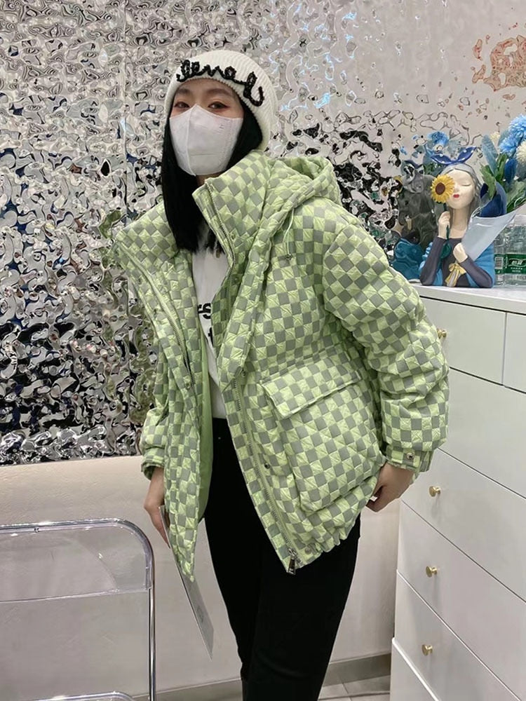 Korean Plaid Down Jacket for Women - Stylish Winter Puffer