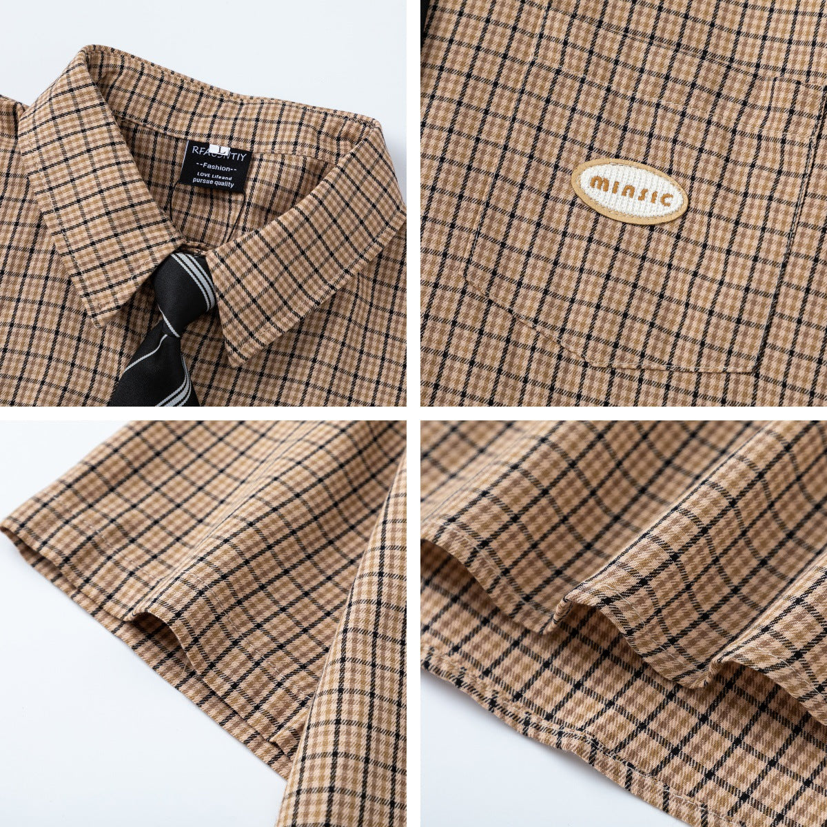 Retro Plaid Tie Collar Short Sleeve Shirt - Unisex