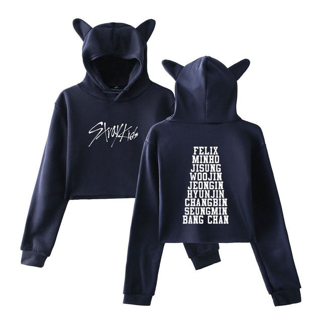 Kawaii Cat Ears StrayKids Cropped Hoodie for Women