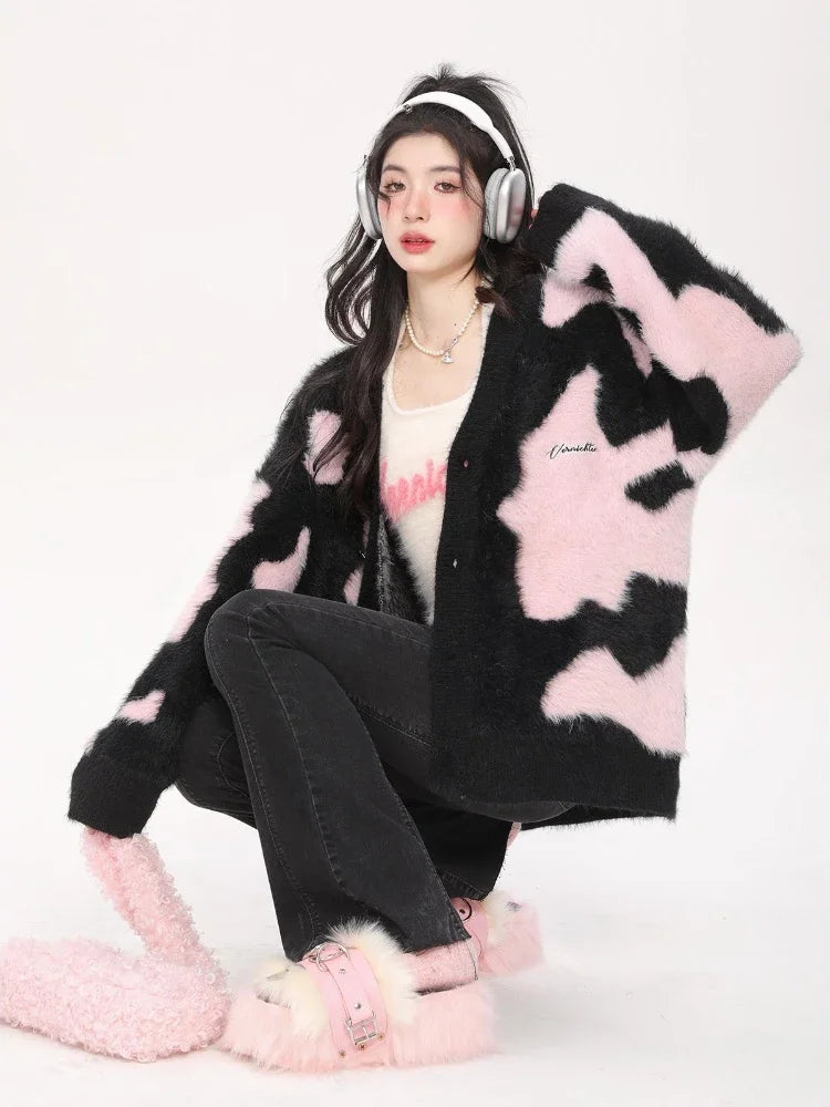 Deeptown Y2K Harajuku Pink Knitted Cardigan