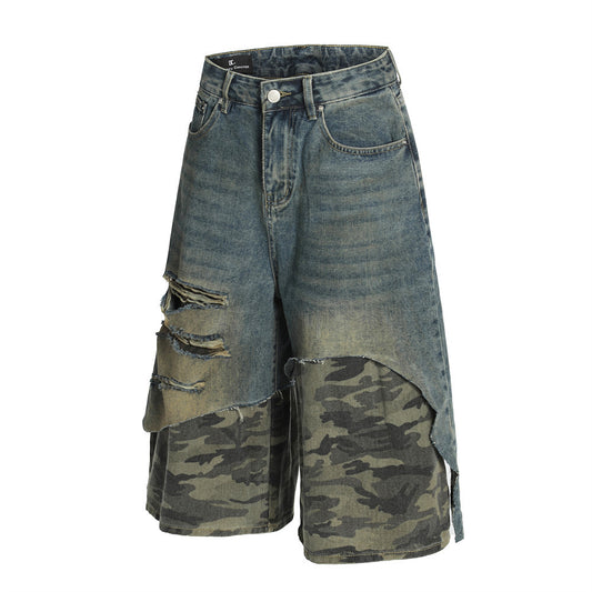 Men's Distressed Patchwork Camouflage Denim Shorts