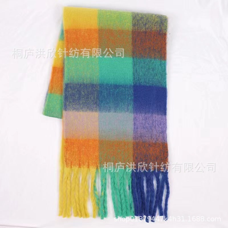 Rainbow Plaid Tassel Scarf for Autumn & Winter