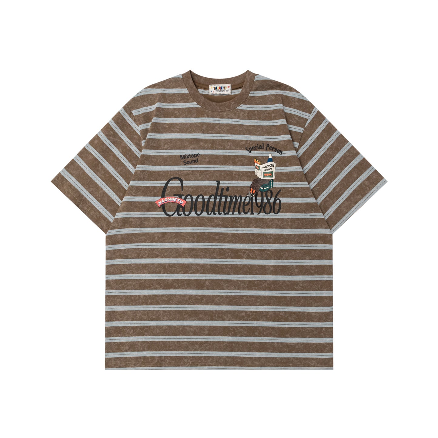 Retro Striped Cartoon Letter Print T-Shirt
