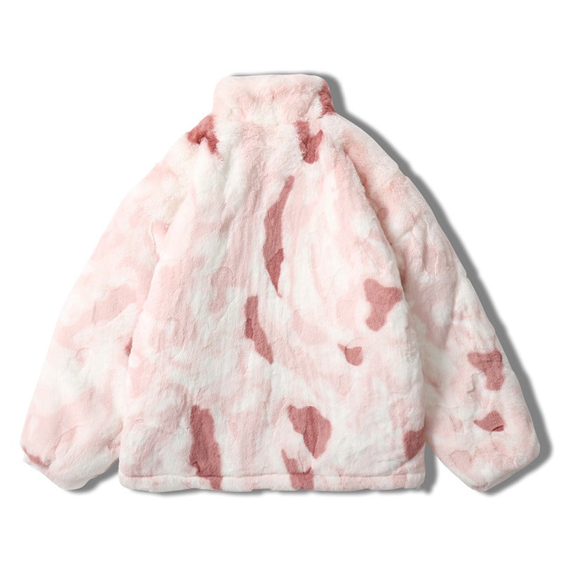 Trendy Tie Dye Stand Up Collar Plush Jacket