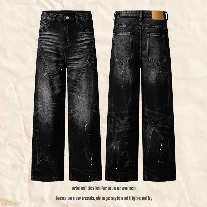 Playful Washed Denim Trousers for Men - Loose Straight Leg