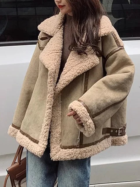 Harajuku-Inspired Green Fur and Lamb Wool Jacket for Women