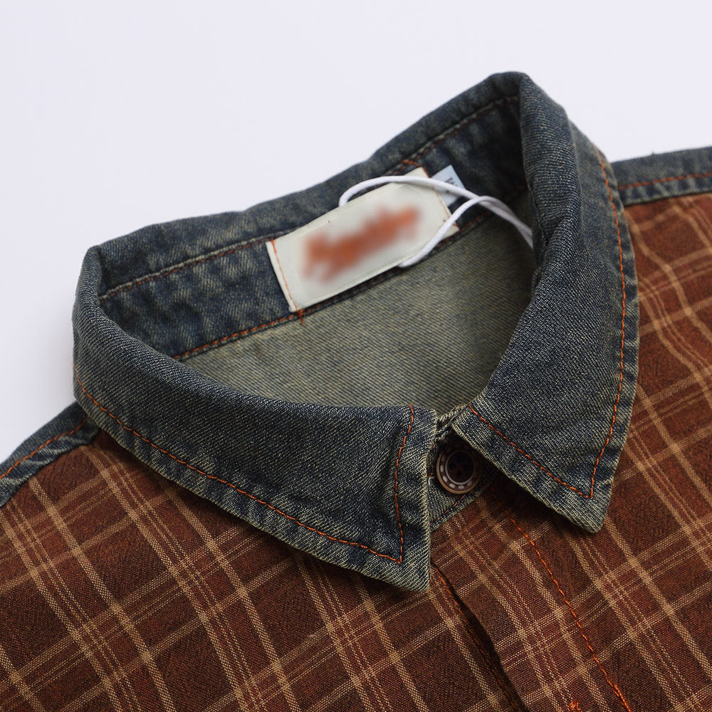 Punk Vintage Washed Denim Shirt with Color Block Plaid Collar