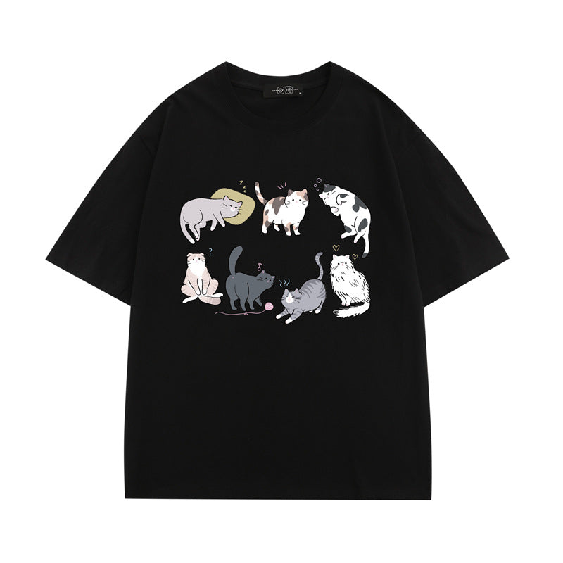 Cartoon Cat Print Casual Short Sleeves