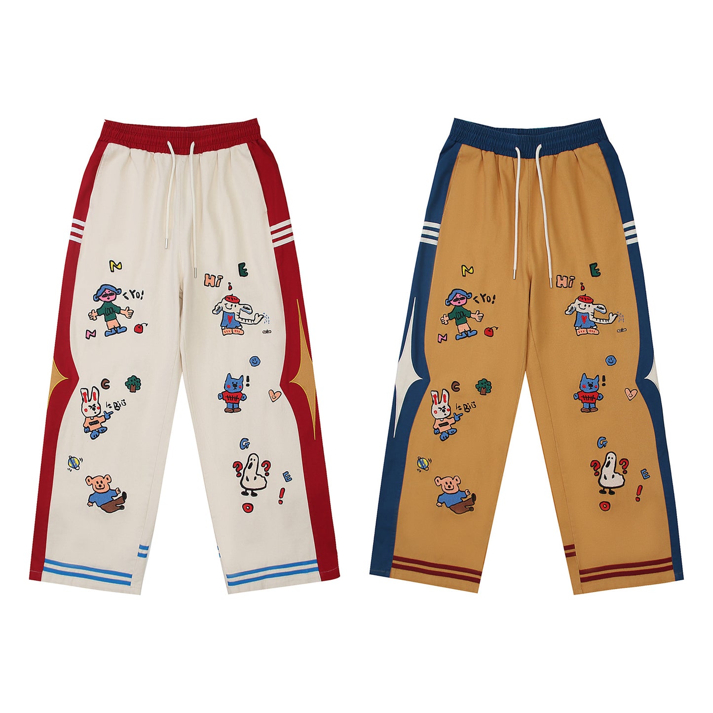 Fun Cartoon Embroidery Color Block Drawstring Casual Pants