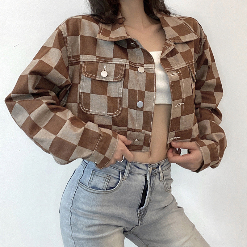 Vintage Brown Plaid Denim Jacket for Women