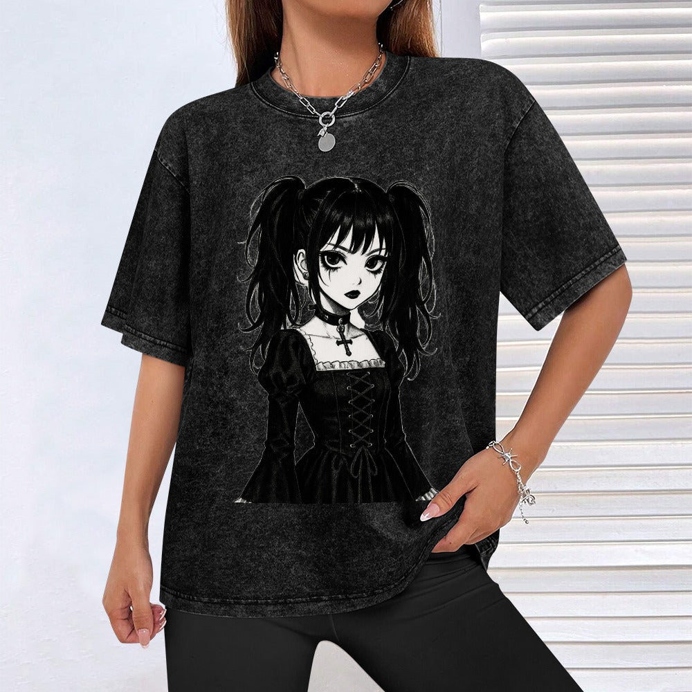 Goth Emo Harajuku Girl Vintage Wash Off Shoulder Tee