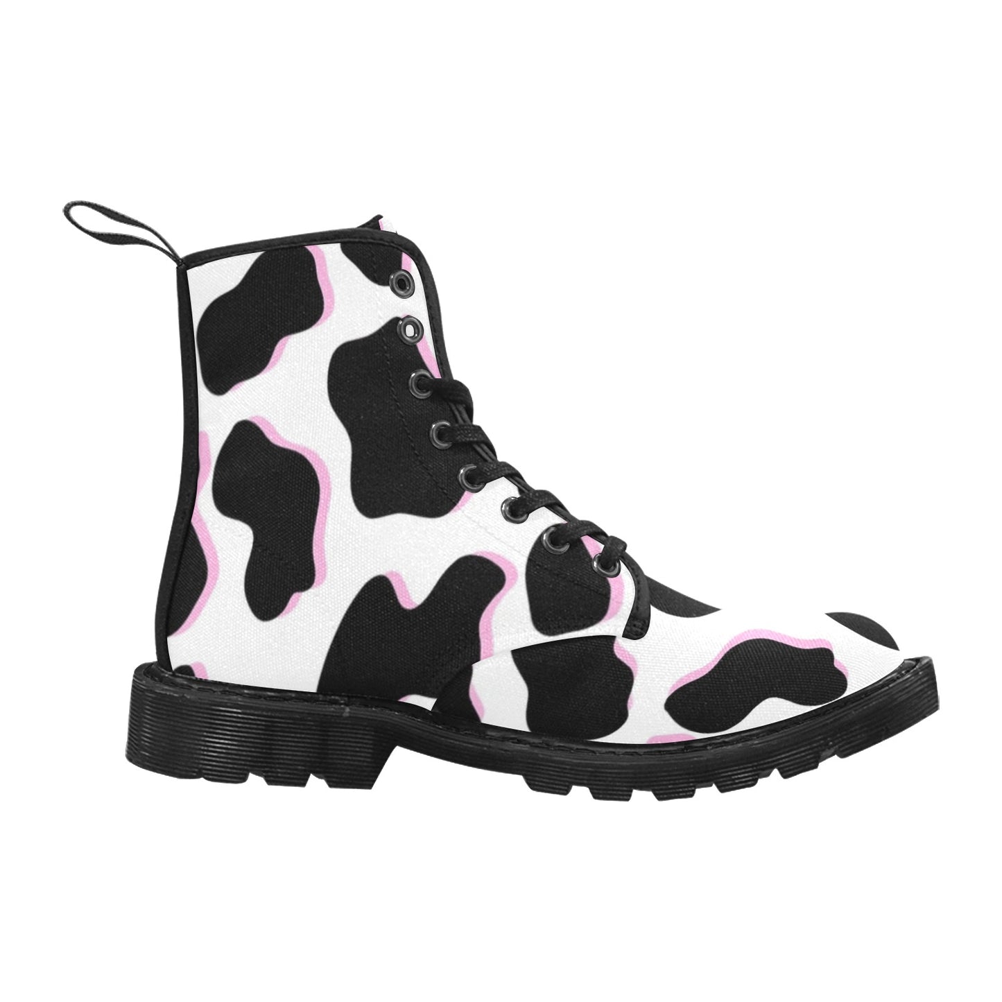 Black and Pink Cow Pattern Women's Lace Up Canvas Boots