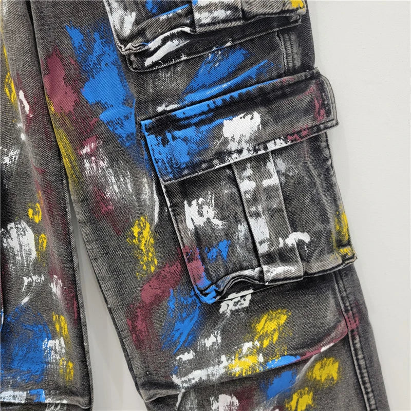 Graffiti Multi Pocket Workwear Jeans for Women